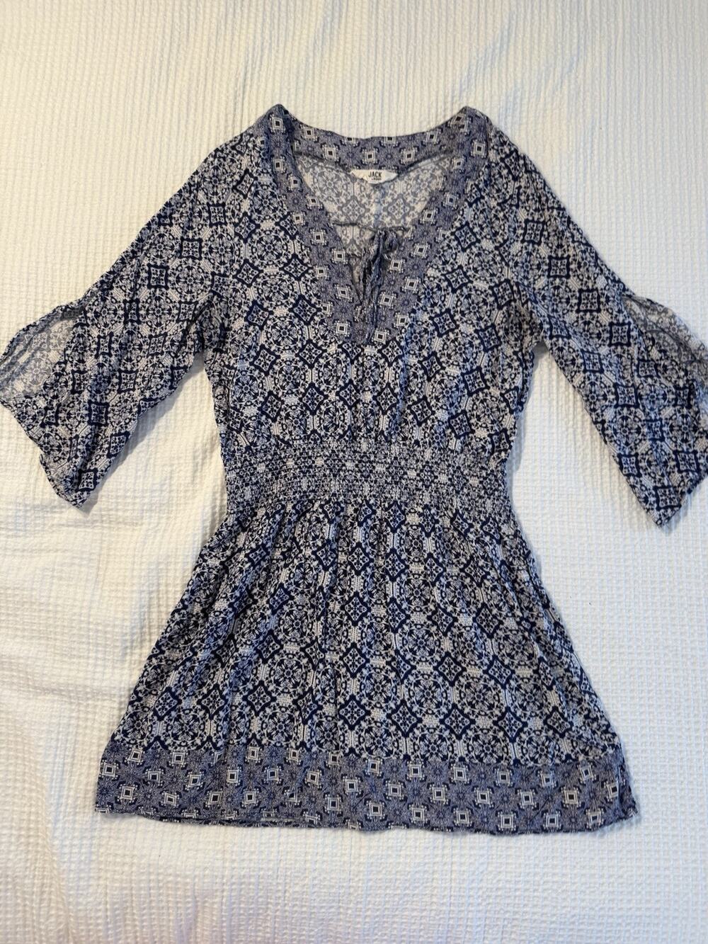 Jack by BB Dakota Dress Blue White Pattern Split Sleeve Mini Boho Bohemian